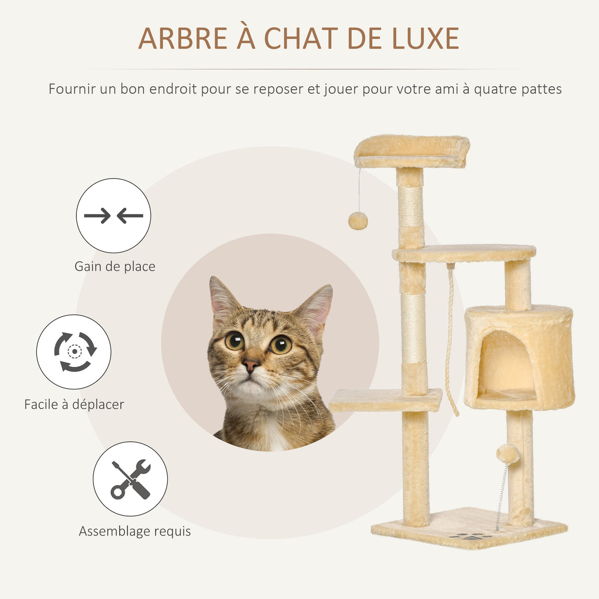 Arbre à chats multi-équipements griffoirs grattoirs plateformes niche corde jouets 40L x 40l x 114H cm beige