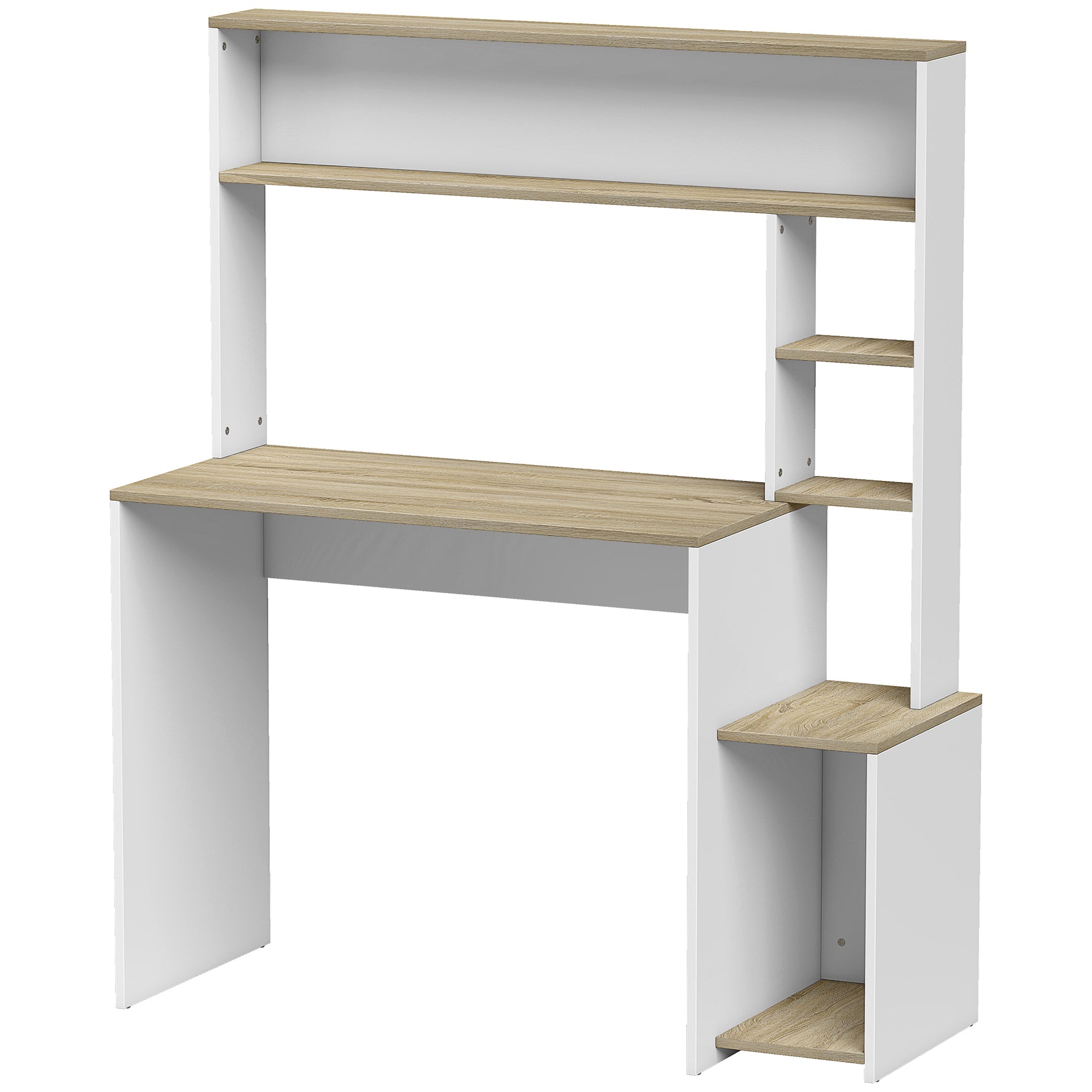 Bureau Informatique, 114 x 45 x 138 cm, Bureau avec Rangement, Étagères Ouvertes et Support UC, Blanc et Bois Naturel