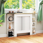 Cache-radiateur avec étagères de rangement ouvertes, couvercle de radiateur en bois à lattes, 124x19x83cm, blanc