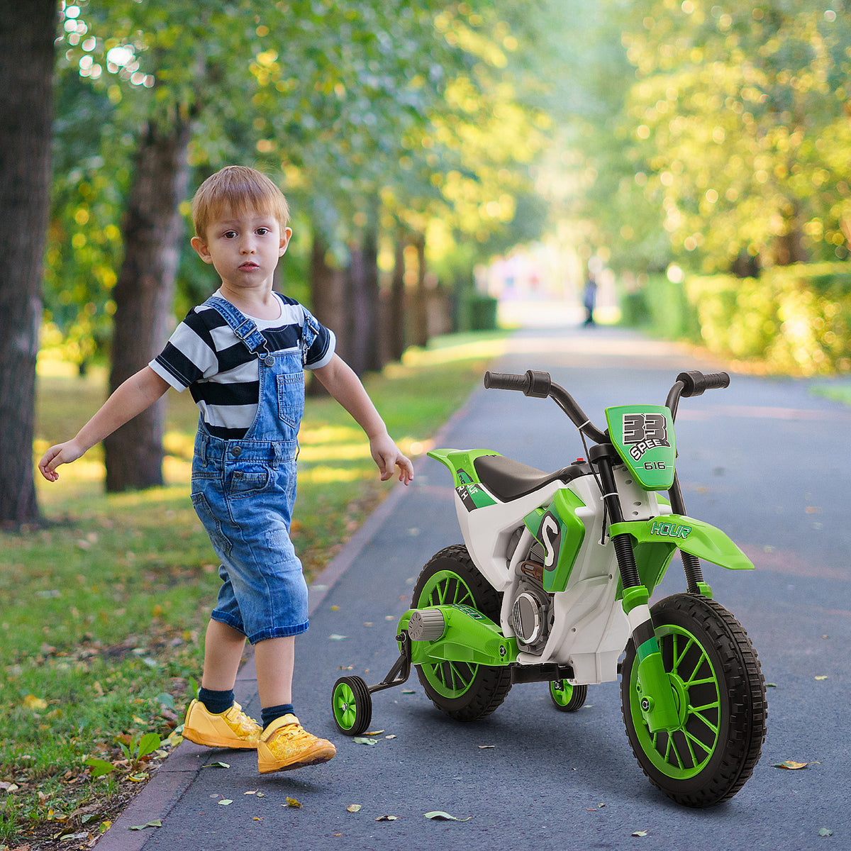 Moto Cross électrique pour Enfant 3 à 5 Ans 12 V 3-8 Km/h avec roulettes latérales Amovibles dim. 106,5L x 51,5l x 68H cm Vert