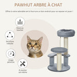 Arbre à chats 2 griffoirs grattoirs sisal naturel 3 plateformes corde à grimper dim. Ø 40 x 65H cm peluche haute densité 500 g/m² gris