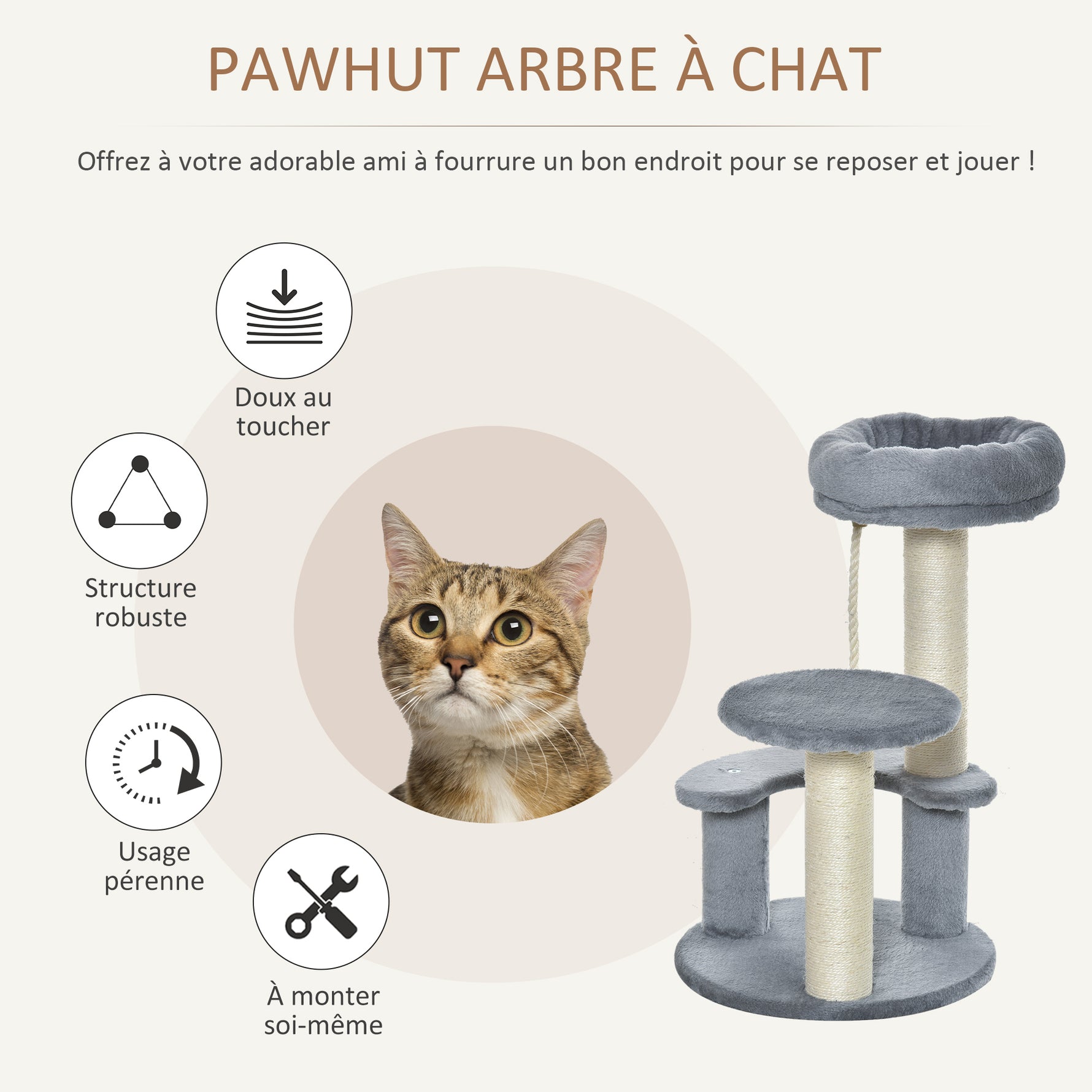 Arbre à chats 2 griffoirs grattoirs sisal naturel 3 plateformes corde à grimper dim. Ø 40 x 65H cm peluche haute densité 500 g/m² gris