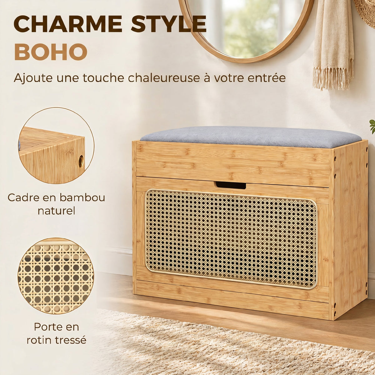 Banc chaussures entrée, banc de rangement en bambou, assise rembourrée, porte en rotin et étagère réglable, bois naturel