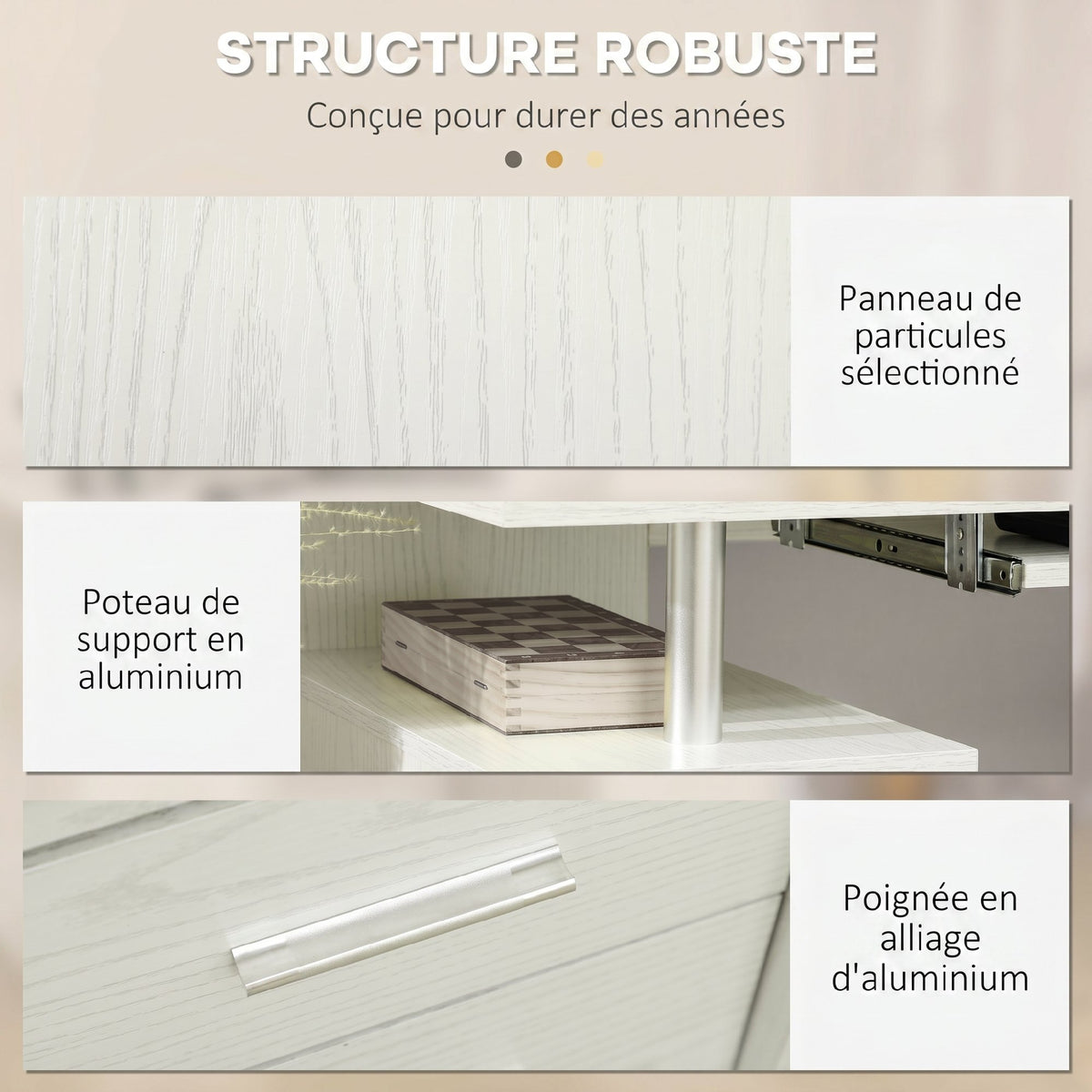 Bureau d'ordinateur, bureau informatique 120 x 55 cm avec plateau pour clavier, 3 tiroirs, pour chambre, domicile, blanc