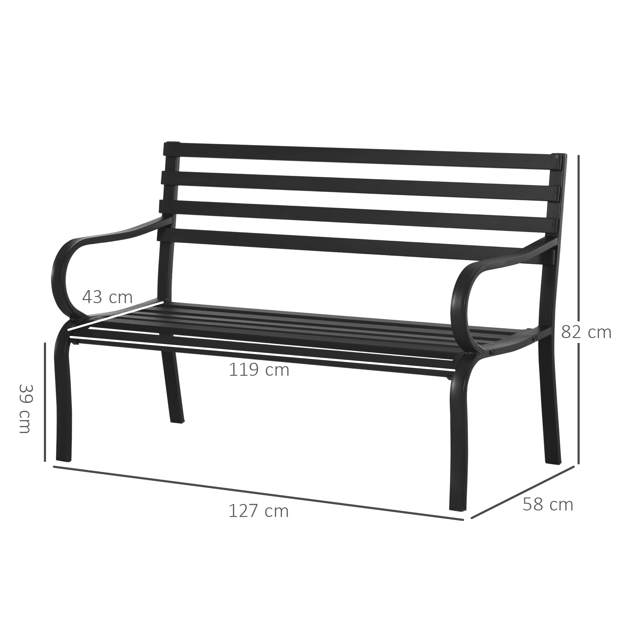 Banc de Jardin Design Contemporain 2 Places dim. 127L x 58l x 82H cm métal époxy Noir