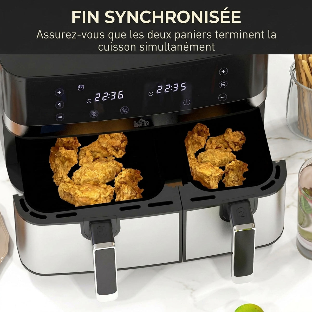 Olio gabeko aire-frijigailua, Air Fryer, konpartimentu bikoitza 8,5 L, 2700 W - 8 programa, tenperatura erregulagarria, tenporizadorea