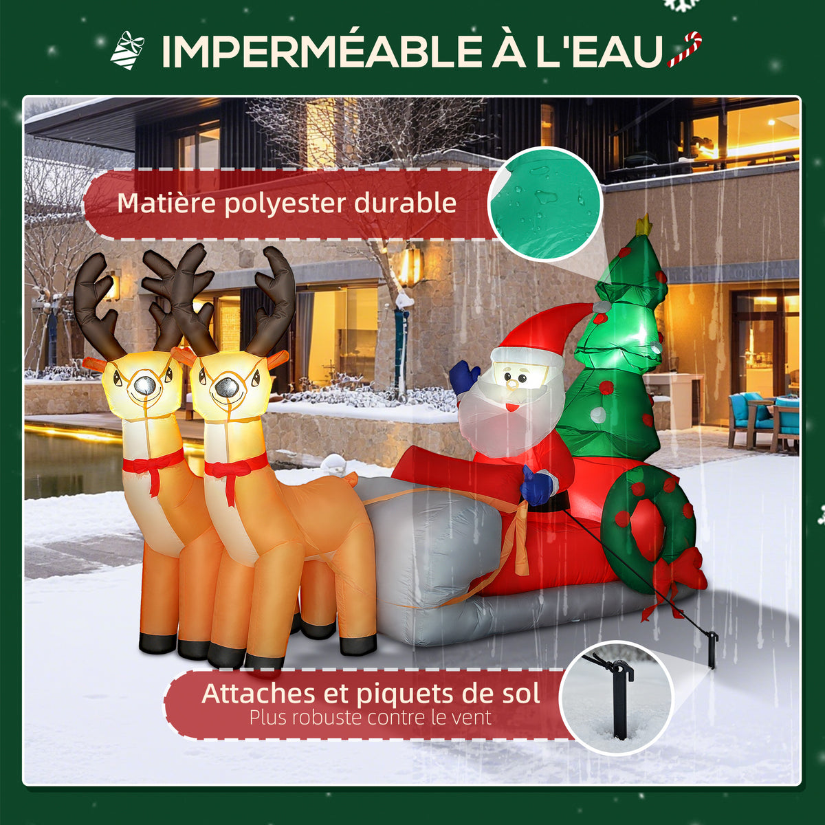 Père Noël gonflable de 2,1 m sur traîneau avec deux rennes, décoration de Noël gonflable avec lumières LED intégrées