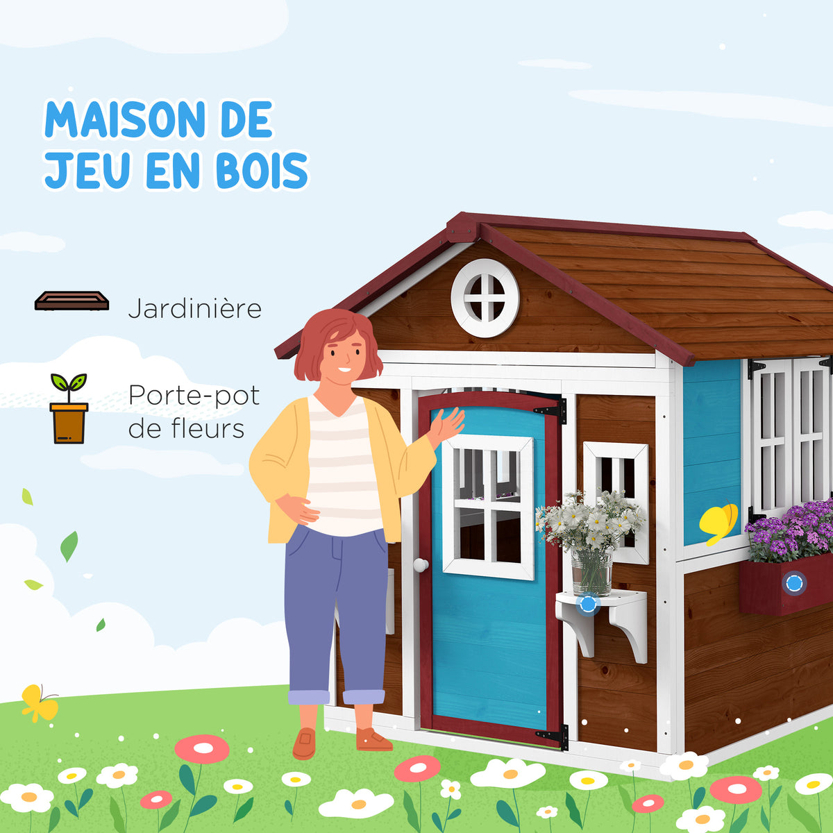 Cabane enfant extérieur maison enfant extérieure avec porte fenêtres et jardinières 114 x 126,4 x 135 cm Marron
