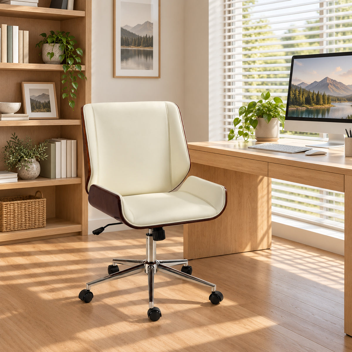 Chaise de Bureau Design Vintage, Hauteur Réglable, Pivotant 360°, Piètement Chromé, 53 x 60 x 86-96 cm, Crème
