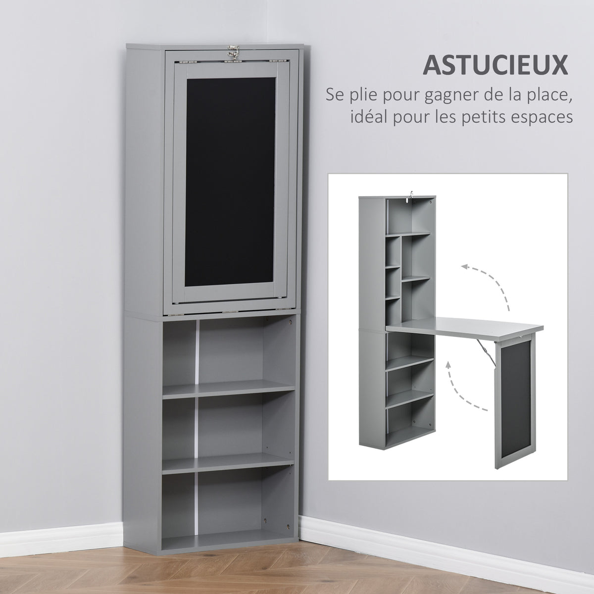 Bureau avec rangement pliable murale rabattable avec bibliothèque poste de travail tableau à craie et étagère réglable