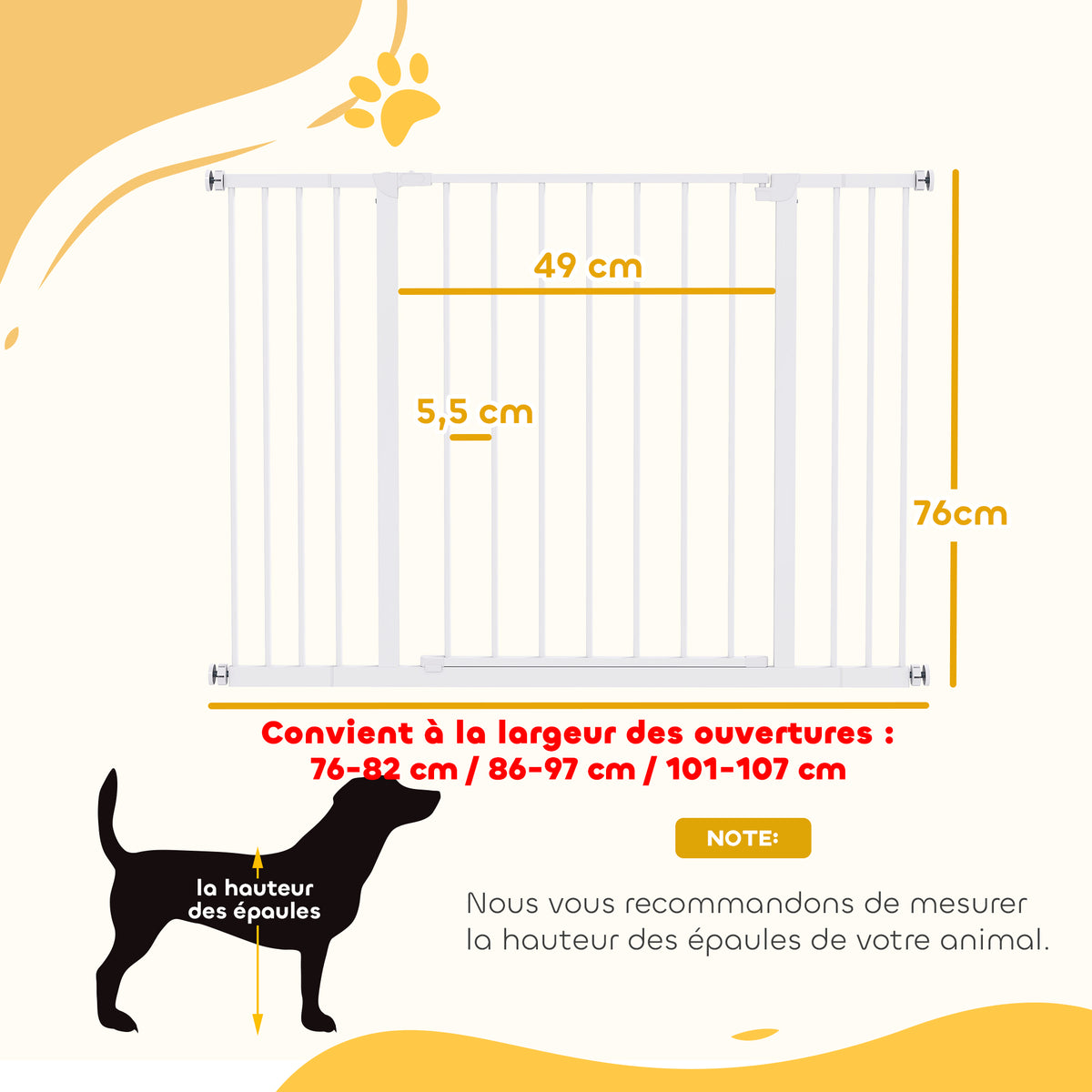 Adjustable Dog Safety Gate 76-107 cm, with 2 Extensions (10/15 cm), One-Handed Opening, No Drilling Required, White
