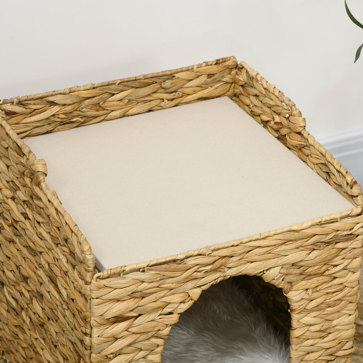 Niche pour chat 2 niveaux avec 2 coussins en jacinthe d'eau - 37,5 x 37,5 x 41,5 cm marron crème