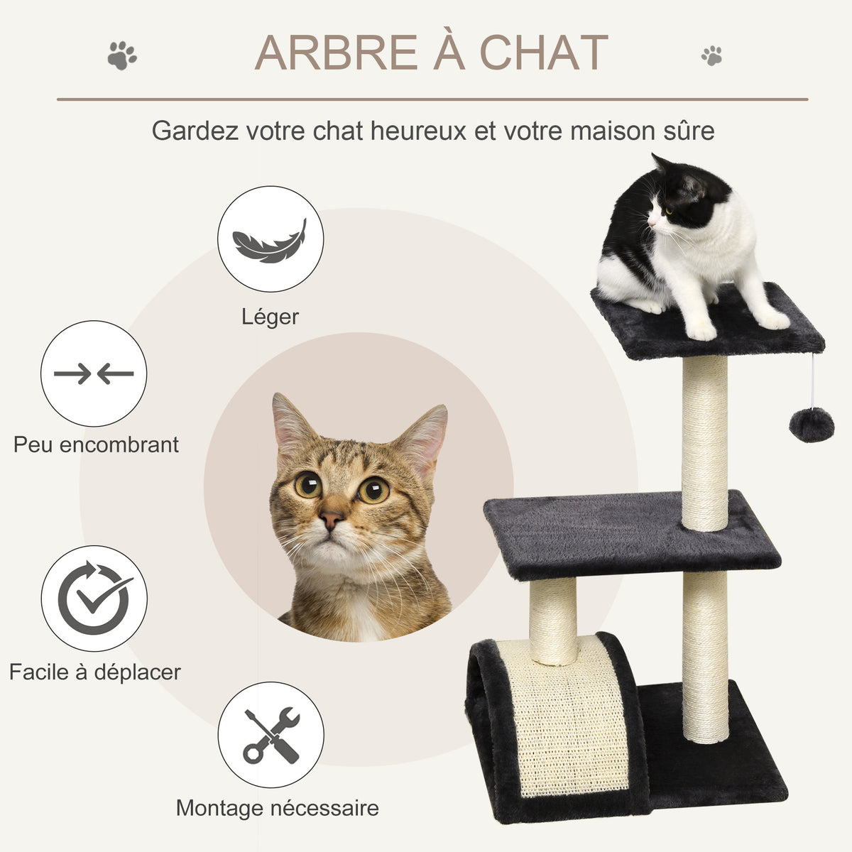 Arbre à chat arbre à grimper griffoir pour chat hauteur 72 cm balle suspendue gris foncé