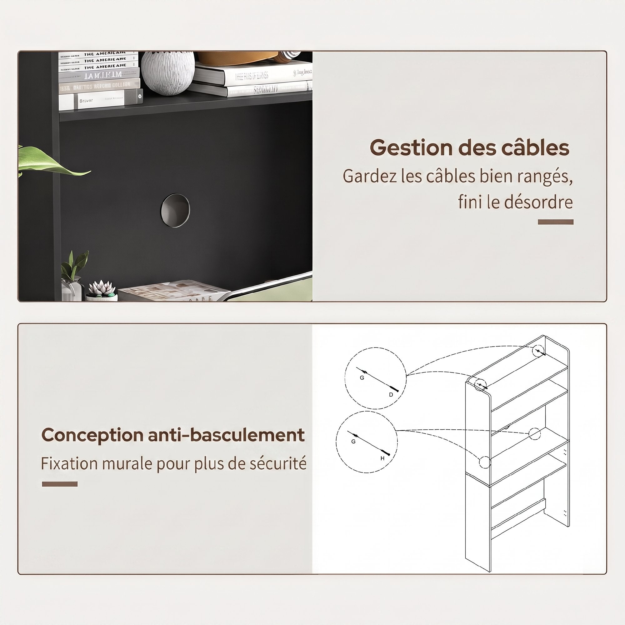 Bureau Informatique avec Étagères de Rangement, Plateau Rabattable, 2 Roulettes, pour Chambre, Salon, 80x69x155cm, Noir