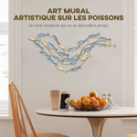 Décoration murale en métal moderne, sculpture murale en métal avec motif de poisson unique, 100 x 50 cm, bleu clair