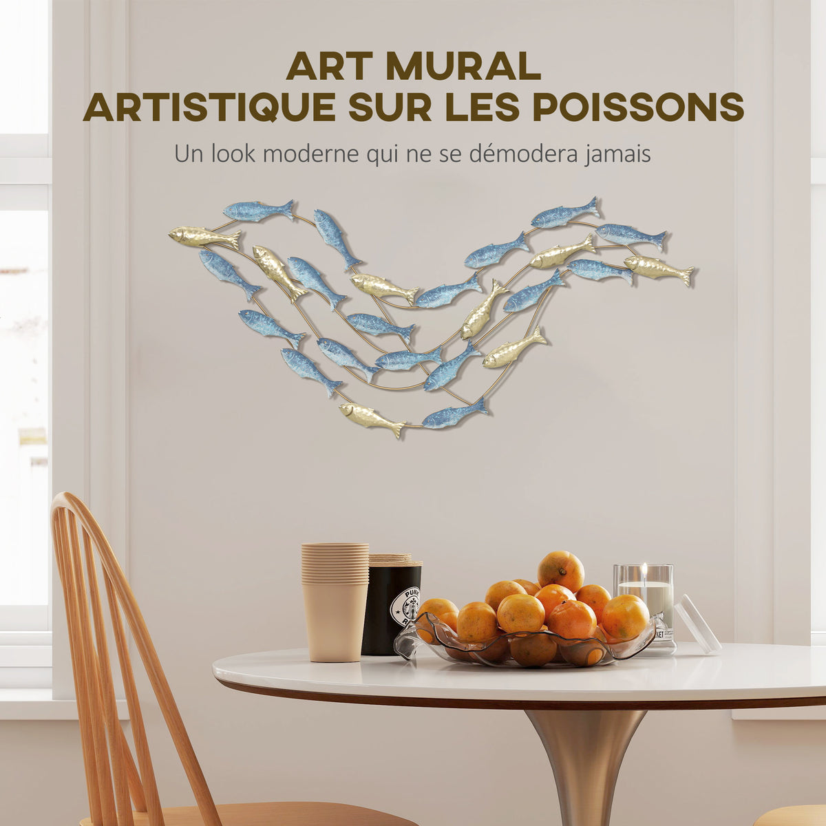 Décoration murale en métal moderne, sculpture murale en métal avec motif de poisson unique, 100 x 50 cm, bleu clair