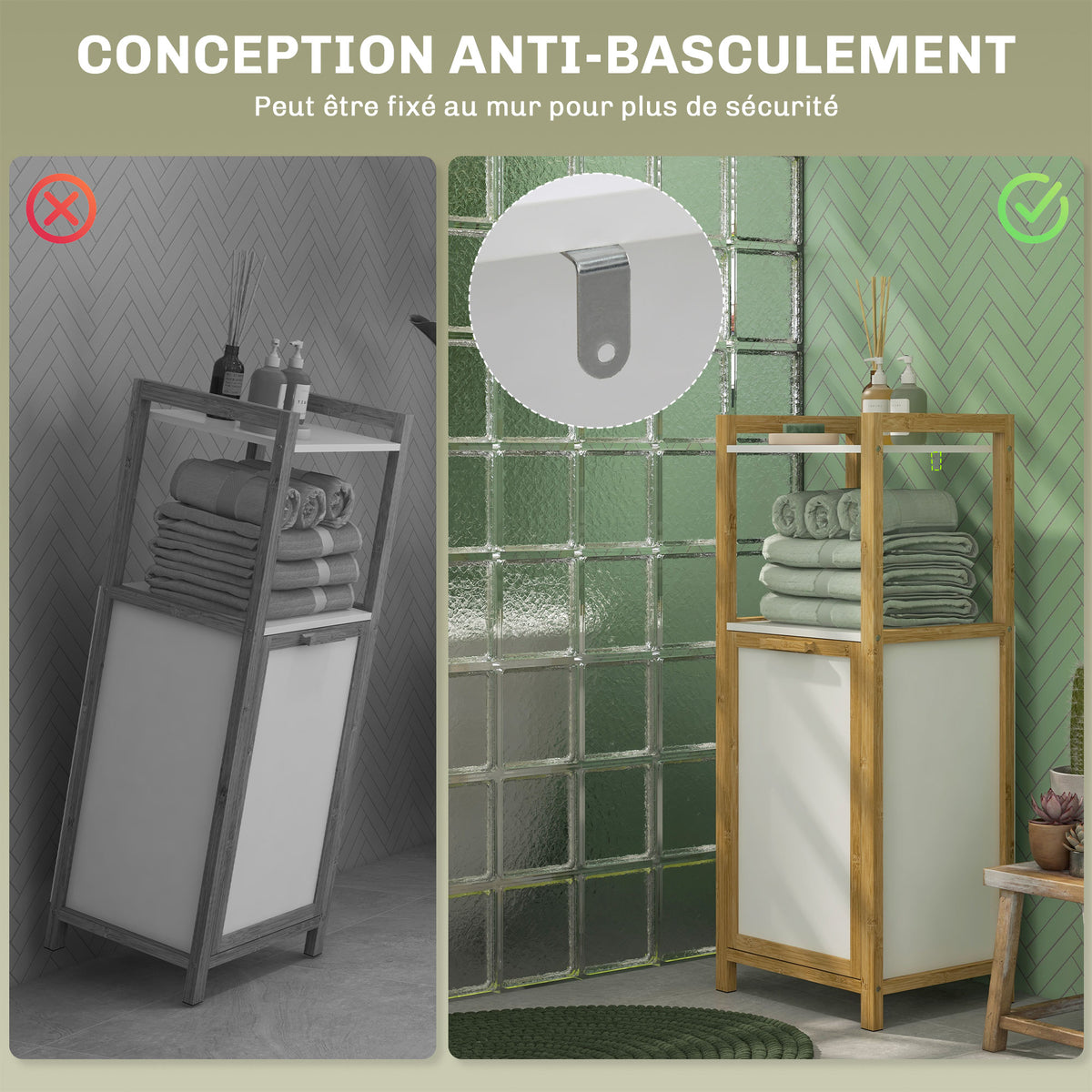Meuble sur pied en bambou panier à linge salle de bain gain de place - 2 étagères - dim. 40L x 30l x 86,5H cm