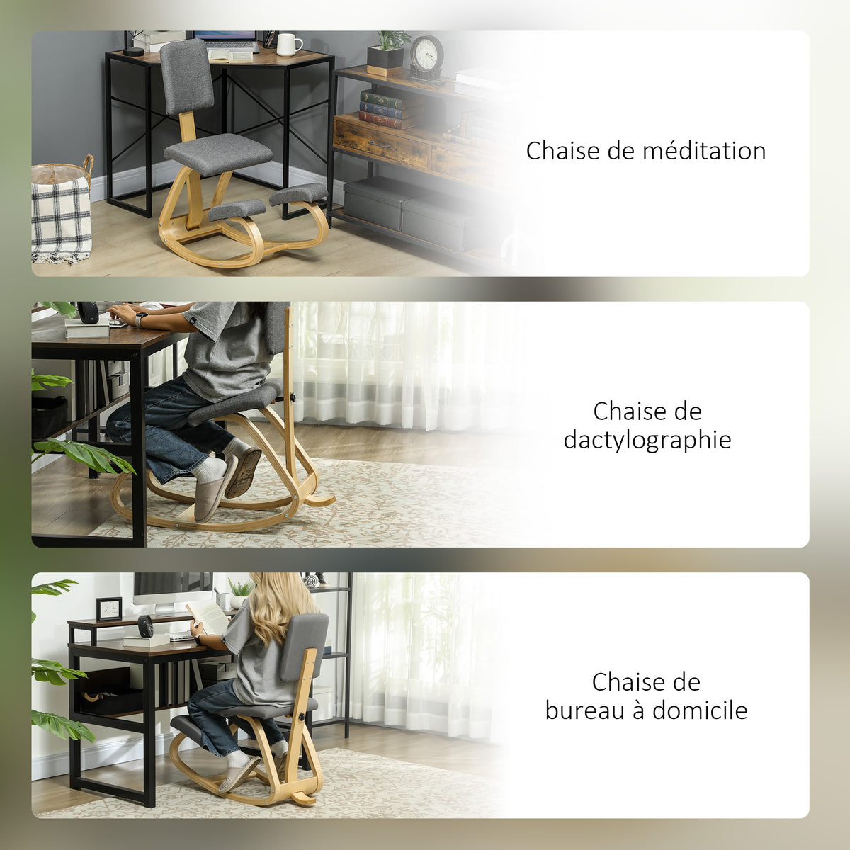 Siège assis genoux, siège ergonomique en bois à bascule avec dossier, chaise à genoux pour bureau à domicile, gris