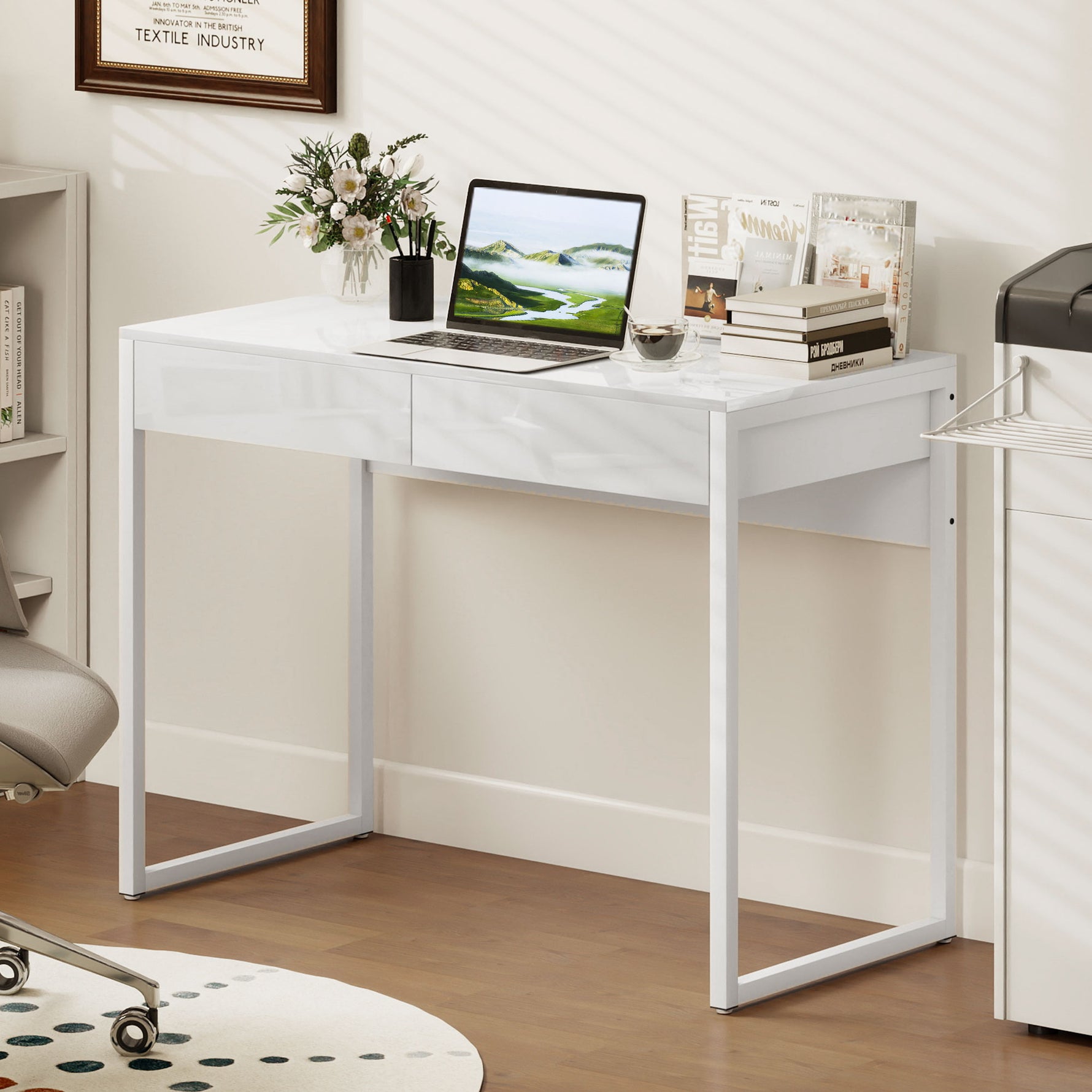 Bureau avec 2 tiroirs, table d'ordinateur 100 x 50 cm, bureau moderne pied en acier, pour petits espaces, blanc brillant