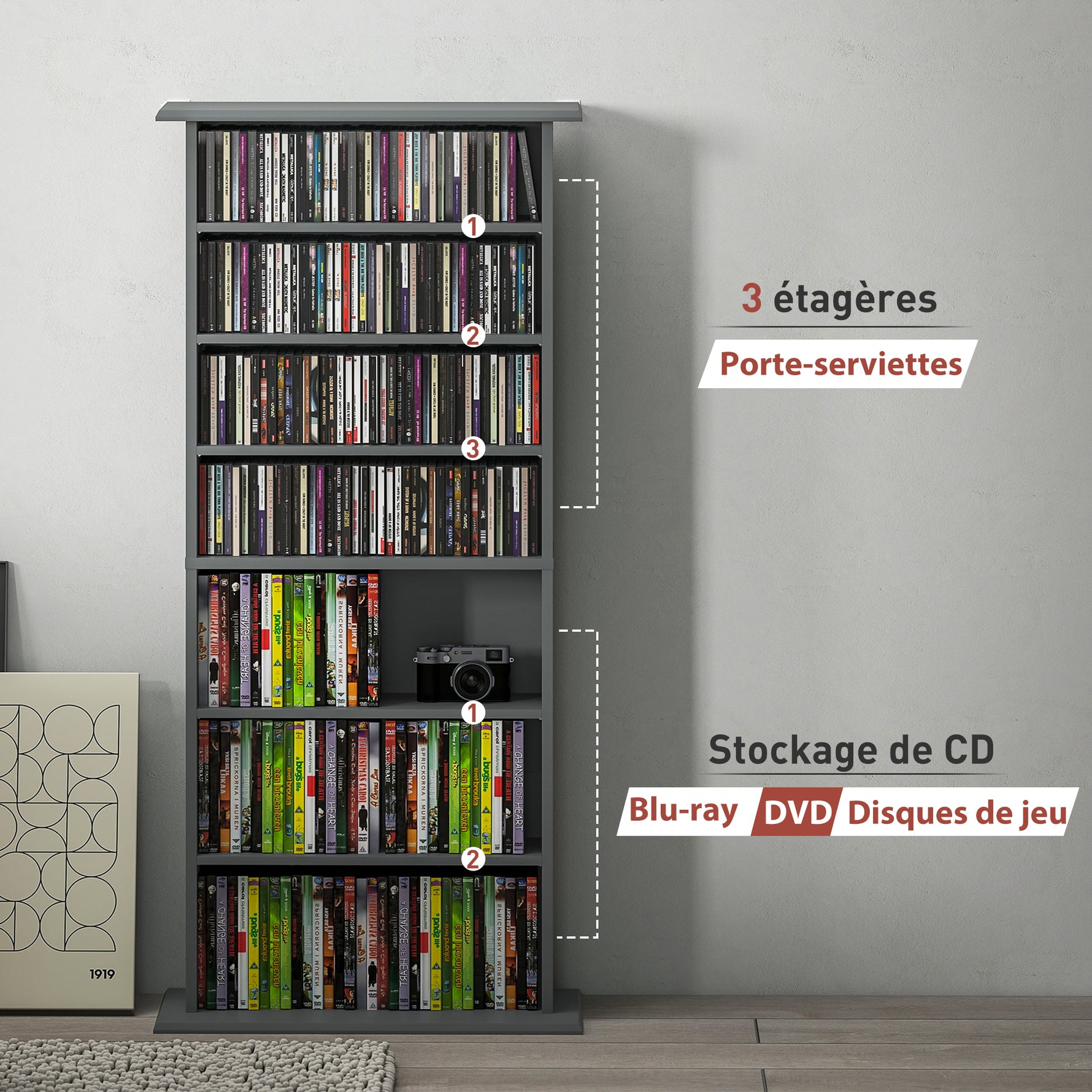 Rangements pour CD et DVD avec 8 compartiments et 6 étagères réglables, capacité max. 360 CD/185 DVD et Blu-ray, gris