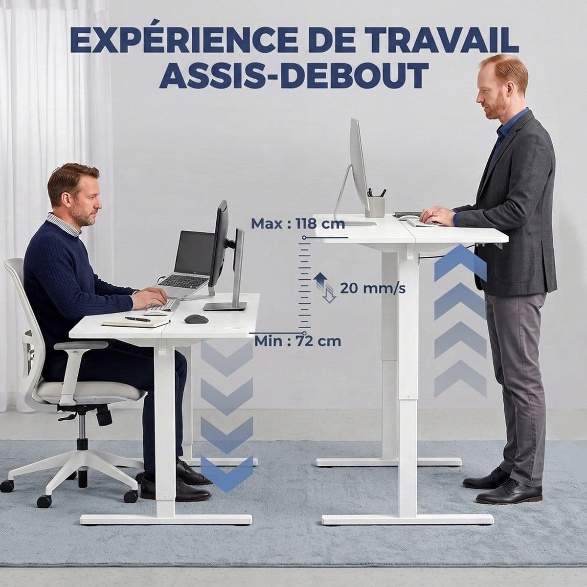 Bureau Assis Debout Électrique 120 x 60 cm, Mémoire 3 Hauteurs, Sécurité Enfant et Anti-Collision, pour Travail, Blanc