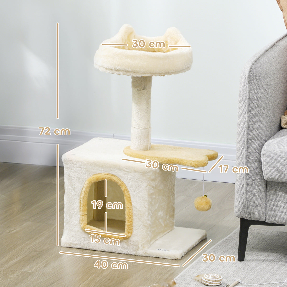 Arbre à Chat 72 cm, Perchoir Doux, Plateforme en Forme de Poisson, Niche en Peluche, Poteaux en Sisal, Balle, Beige
