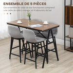 Bartafelset met krukken, statafel voor eetkamer met 4 gestoffeerde stoelen, stalen poten, 120x60x91 cm, grijs