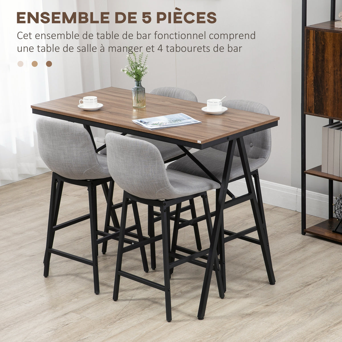 Bartafelset met krukken, statafel voor eetkamer met 4 gestoffeerde stoelen, stalen poten, 120x60x91 cm, grijs