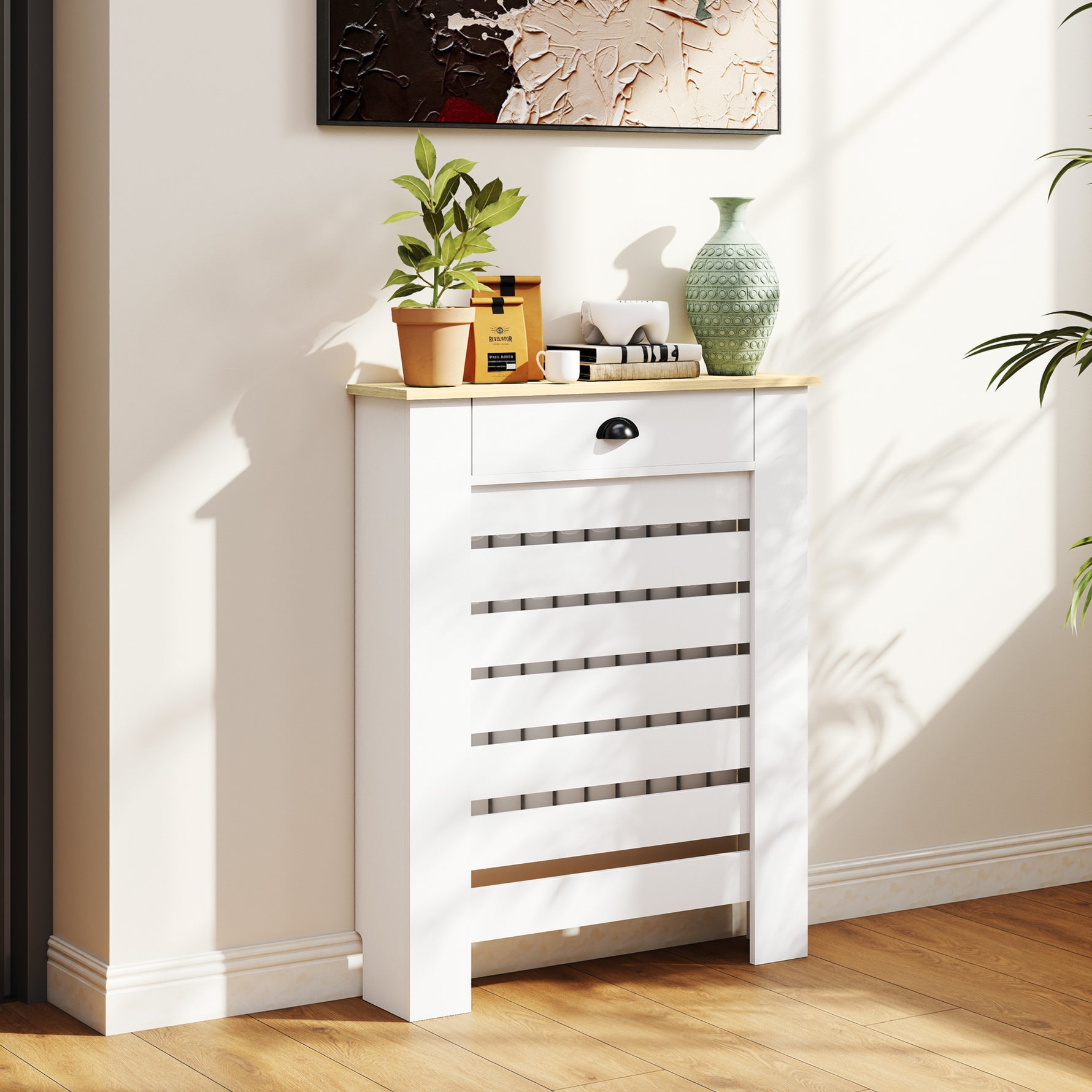 Couvercle de radiateur cache radiateur grille à lattes horizontales avec 2 tiroirs en bois 78l x 19P x 95,5H cm blanc