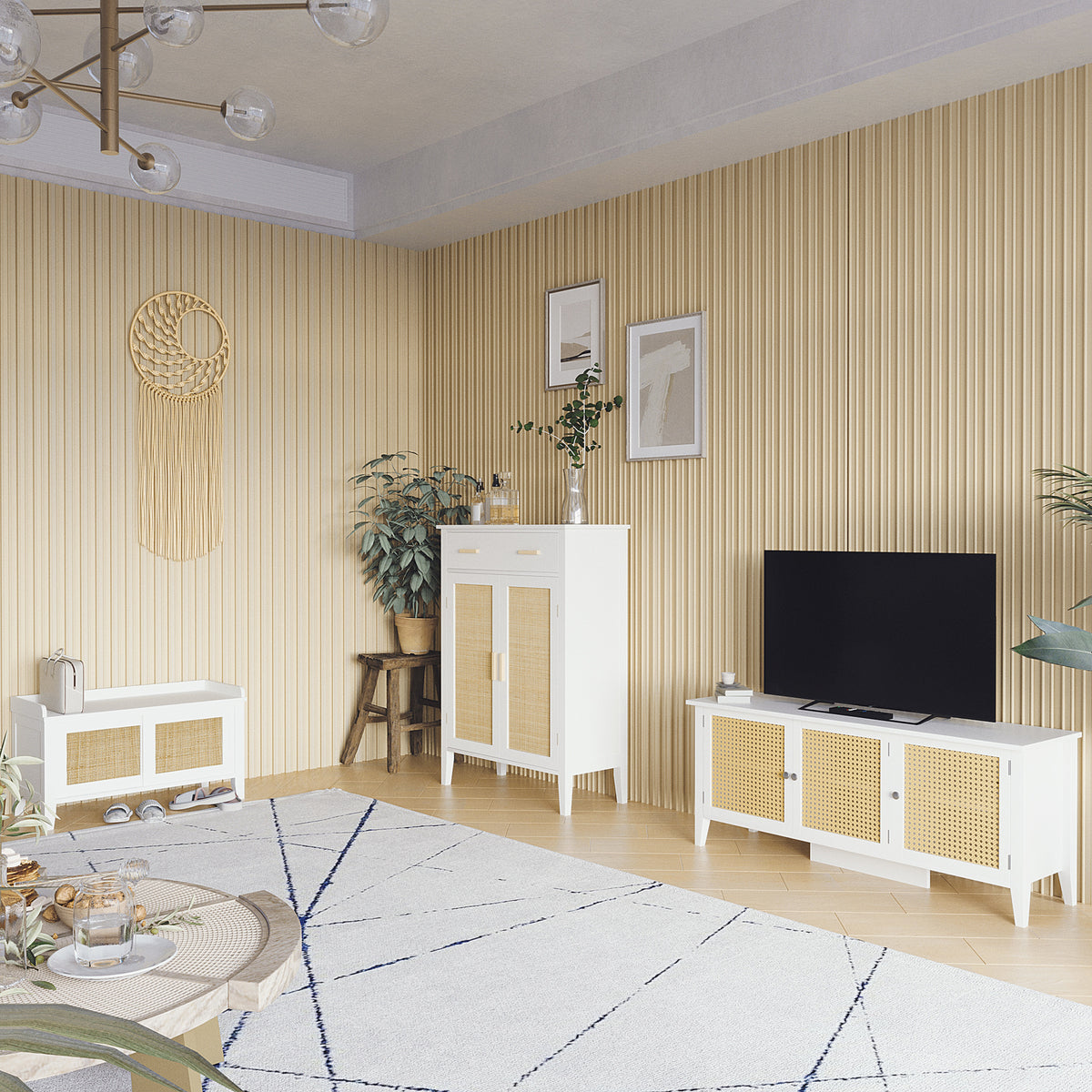 Banc à chaussures meuble de rangement avec porte coulissante et façades rotin tissé 80 x 35 x 45 cm blanc