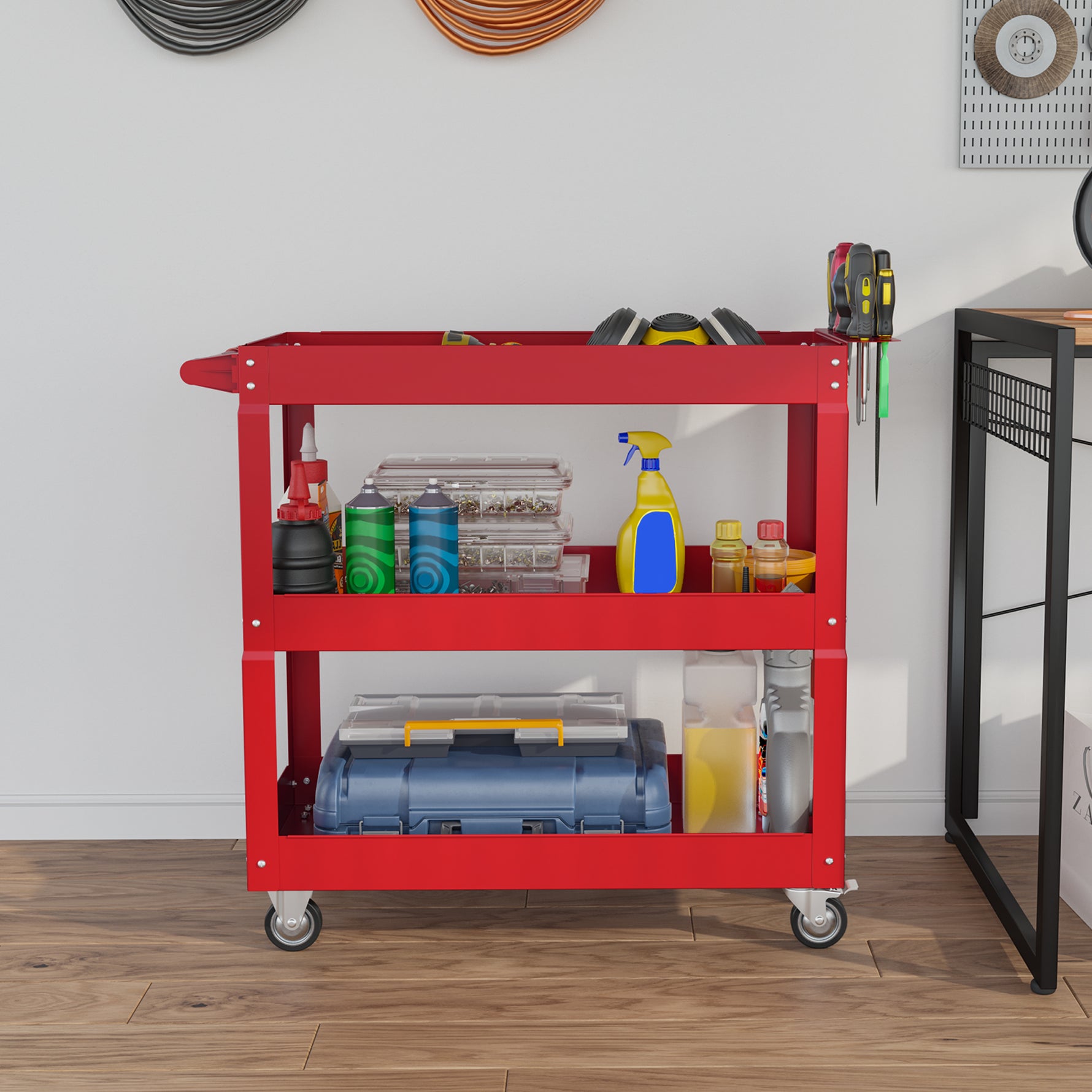 Chariot desserte d'atelier acier 3 plateaux sur roulettes avec poignée charge max. 150 kg 83 x 35,3 x 76 cm acier rouge