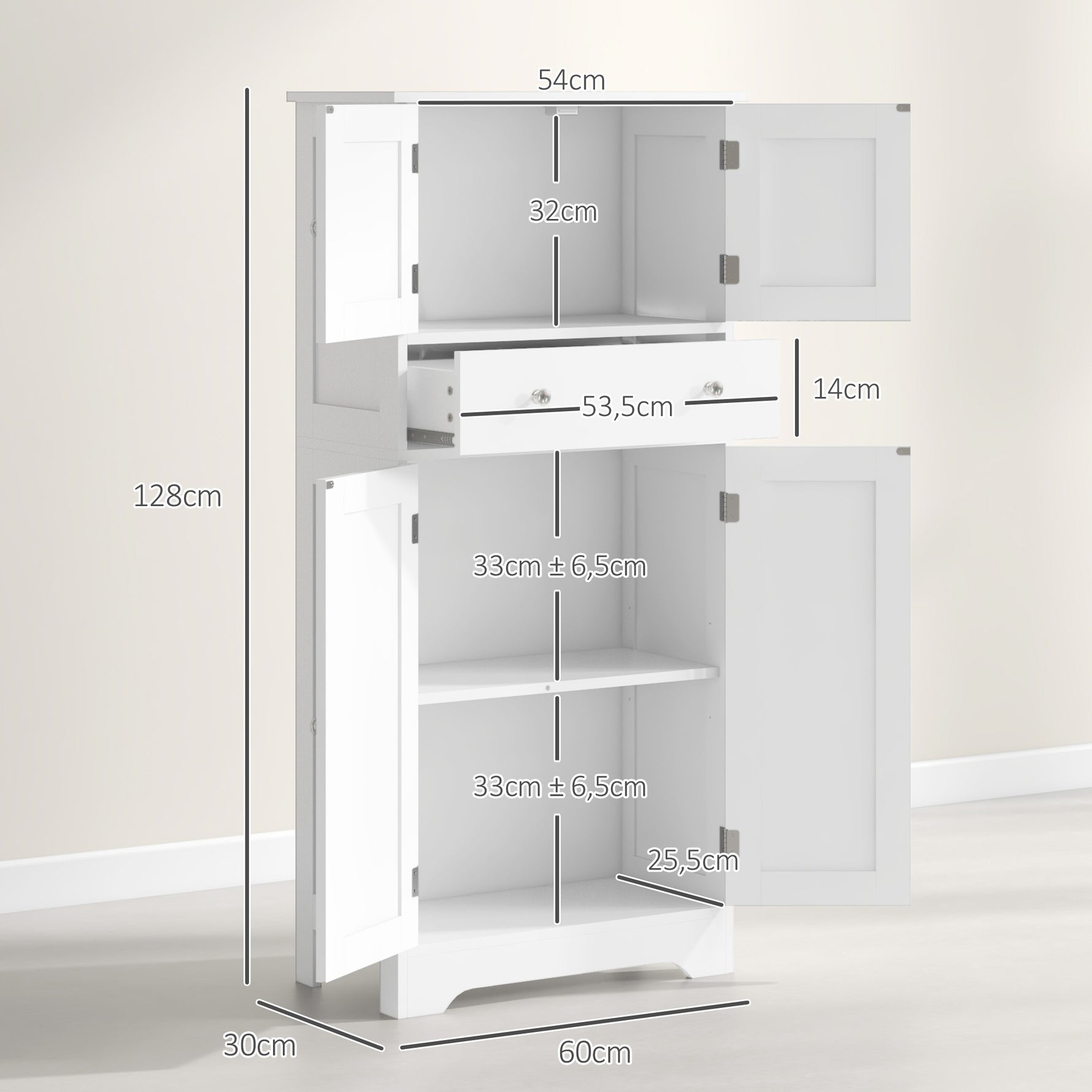 Armoire de cuisine buffet cuisine avec placards, étagères réglables, tiroir, 60 x 30 x 128 cm, blanc
