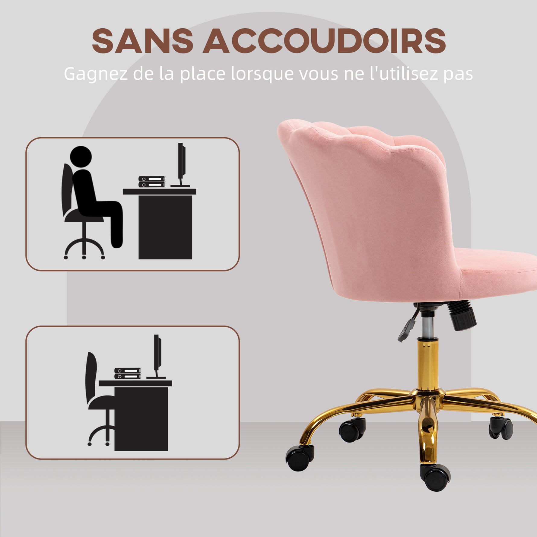Chaise bureau en velours, chaise coiffeuse avec dossier en pétale, hauteur réglable, 69 x 64 x 80-90 cm, rose