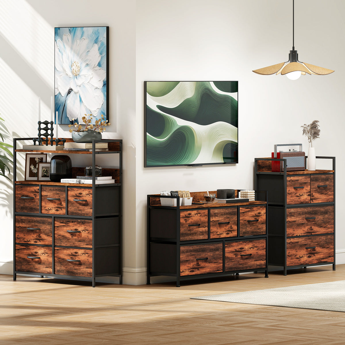 Cómoda, mueble de almacenaje con 5 cajones de tela plegables, tablero y estructura de acero, 98 x 29 x 63 cm, marrón rústico