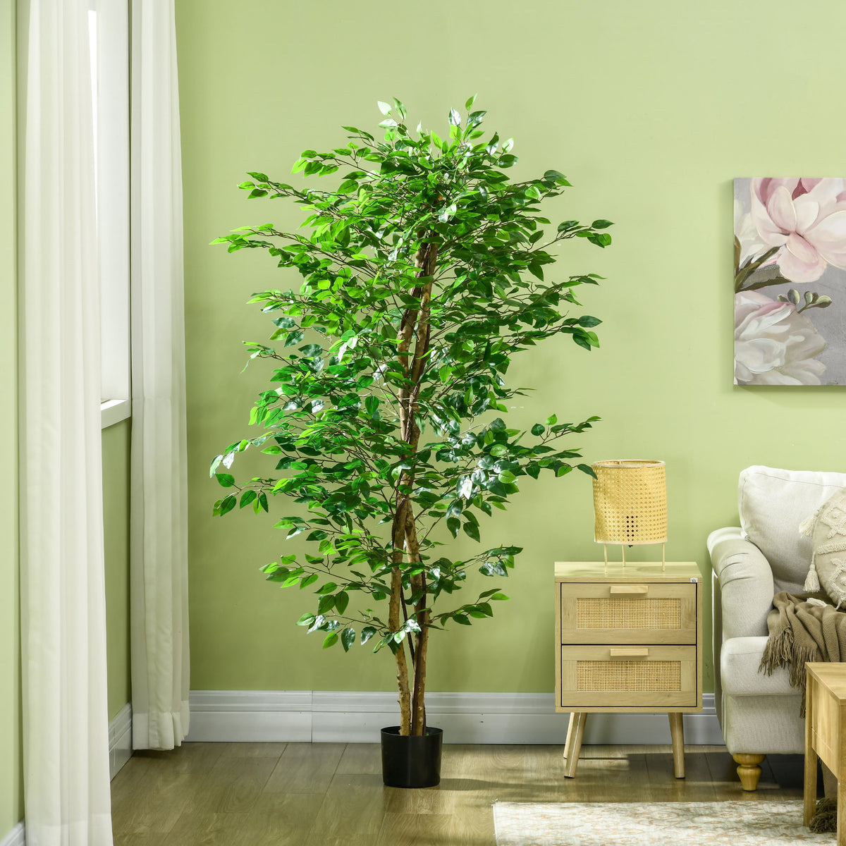 Plante artificielle ficus hauteur 1,80 m tronc branches liane lichen feuilles grand réalisme pot inclus vert