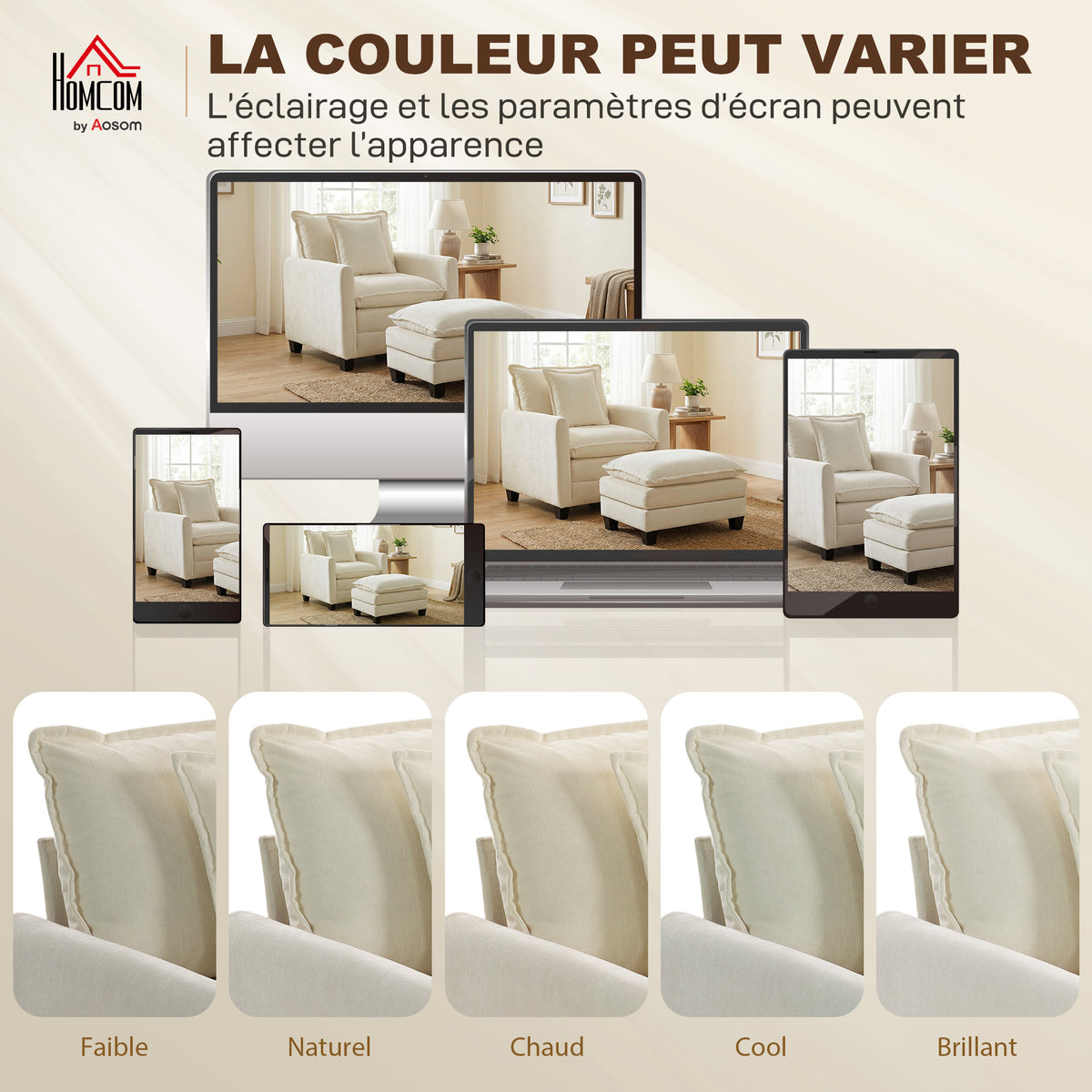 Fauteuil salon avec repose-pied, canapé 1 place en chenille, assise large, rembourrage double couche, 85x128x86cm, crème