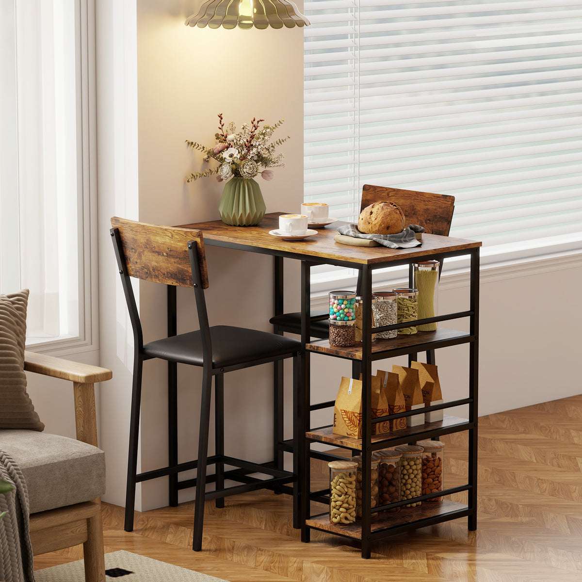 Conjunto de mesa de bar con 2 taburetes, mesa alta de cocina y 2 sillas de bar acolchadas de PU, marrón rústico