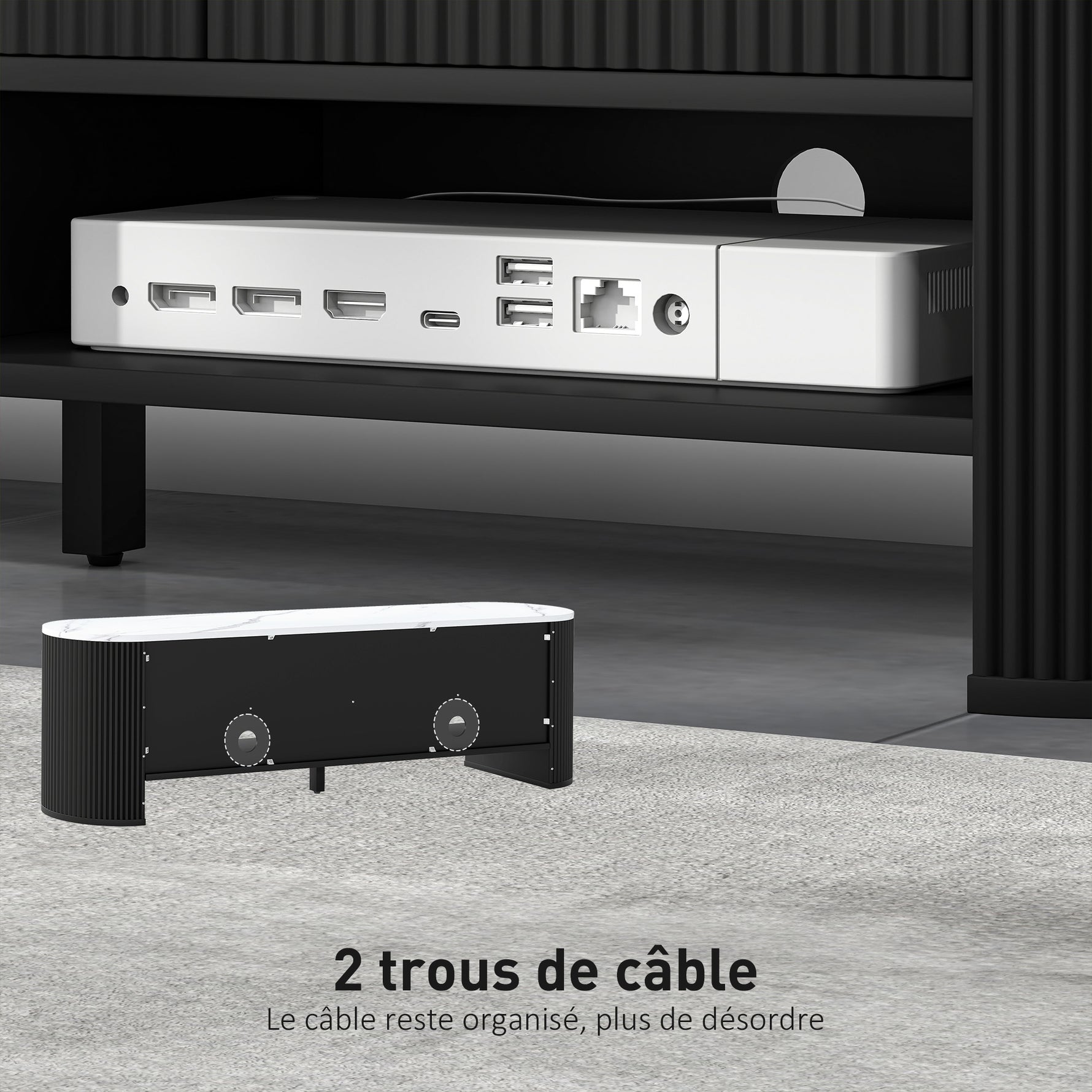 Meuble TV 140 cm, meuble télé pour téléviseur 65 pouces effet marbre avec 3 tiroirs façades à cannelures 2 étagères noir
