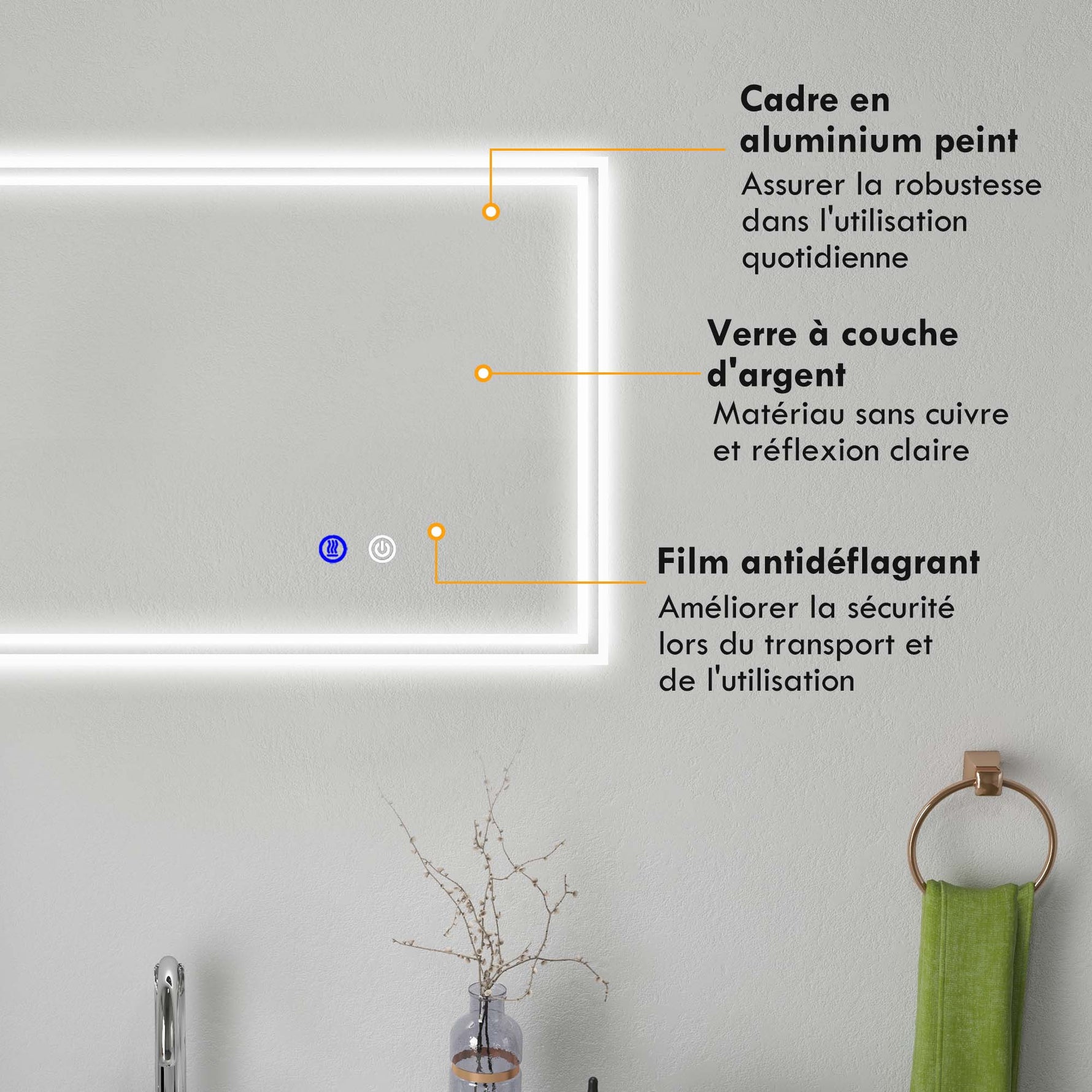 Miroir de salle de bain rectangulaire mural lumineux LED horizontal ou vertical, 100 x 60 cm
