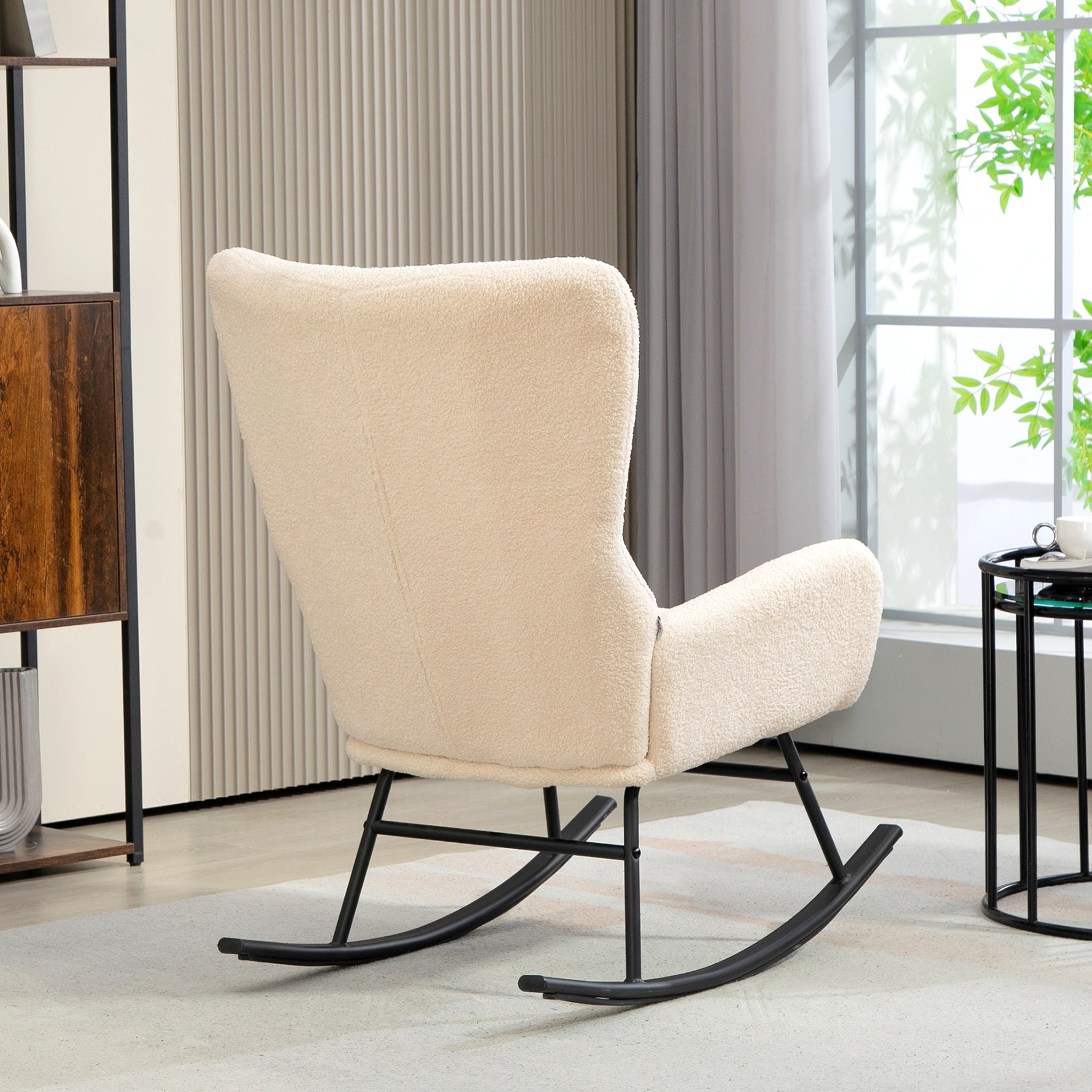 Fauteuil à bascule, chaise à bascule, avec assise de 10 cm d'épaisseur, pieds incurvés en acier, beige et noir