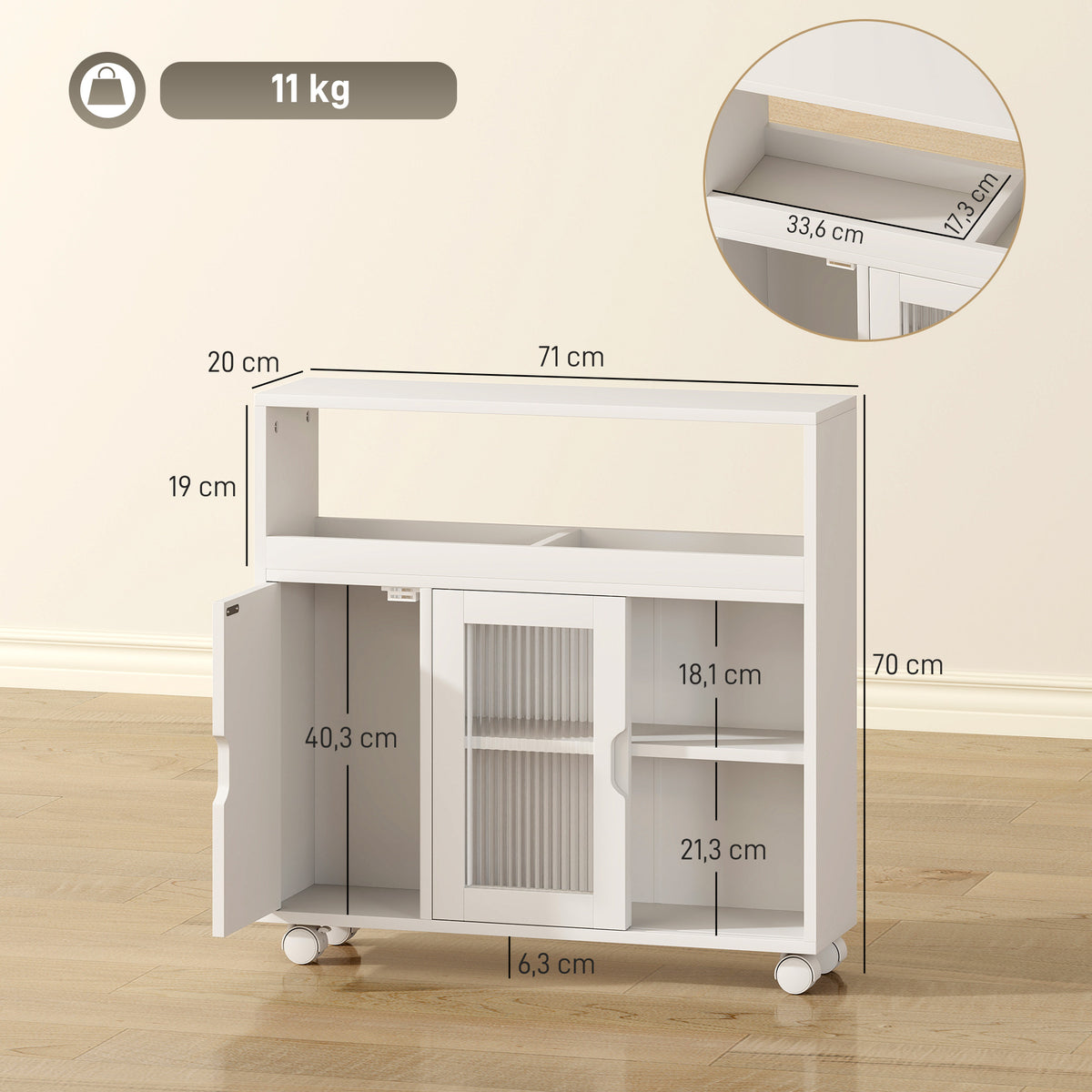 Meuble de Salle de Bain sur Roulettes, Portes en Verre Trempé, Compartiment Ouvert, Étagère Réglable, 71x20x70cm, Blanc