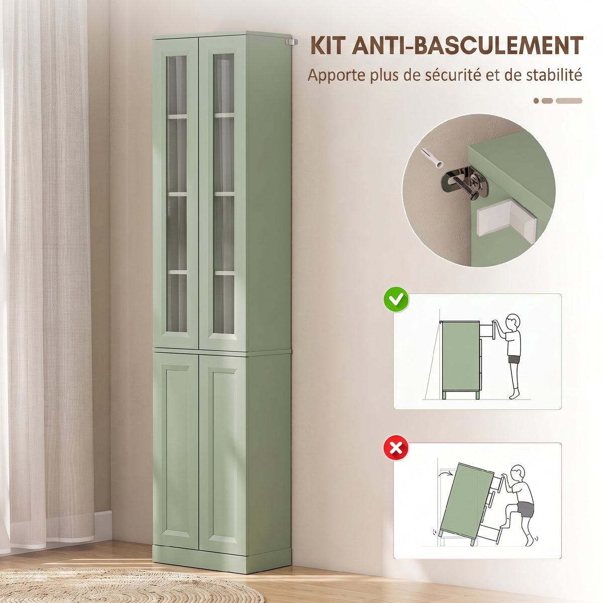 Meuble de Salle de Bain 6 niveaux, Meuble de Rangement avec 4 Portes à Fermeture Douce et Étagères Réglables, Vert