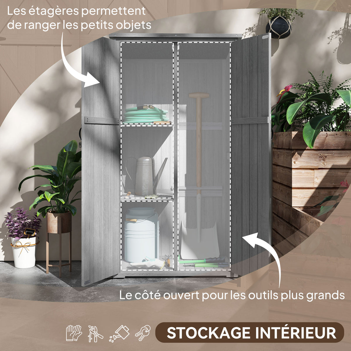 Armoire de jardin, abri jardin sur pied, avec 2 étagères, toit incliné et bitumé, en bois massif, 90x54,5x168,5cm, gris