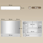 Armadietto a muro da bagno con specchio, mobiletto da bagno 3 ante a specchio, ripiani regolabili, 90x15x75cm, bianco