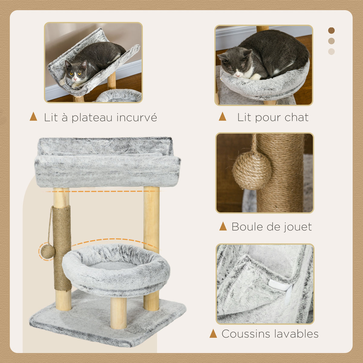 Abre à chat avec griffoir 1 niche supérieure avec coussin lavable 1 niche ronde peluche hauteur 60 cm gris