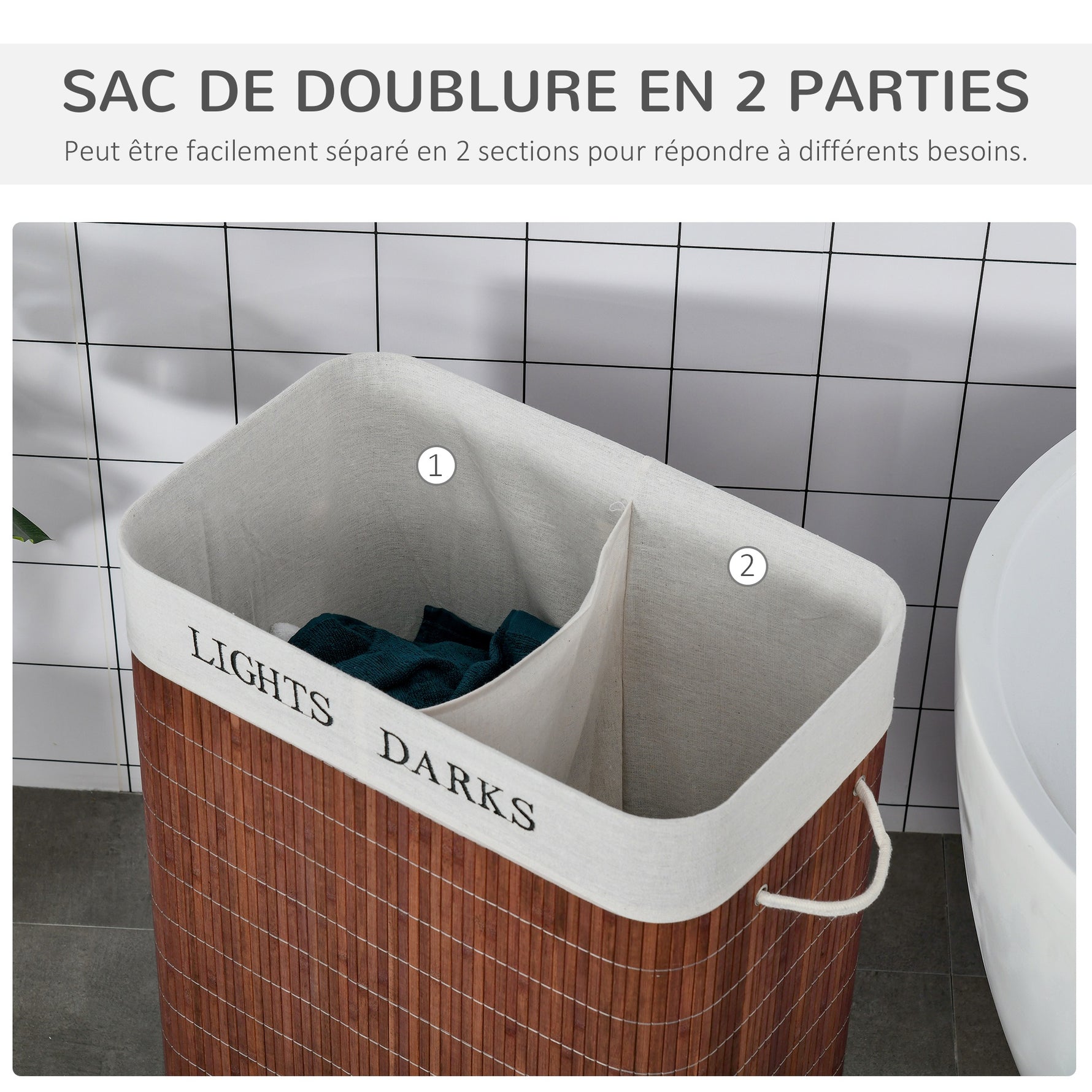 Panier à linge 100L avec 2 bacs bambou pliable couvercle poignée avec Sac amovible et lavable marron