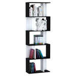 Boekenkast met 5 niveaus, S-vormig opbergmeubel met planken, opbergrek voor woonkamer, slaapkamer en kantoor, 60 x 24 x 184,5 cm, zwart, wit