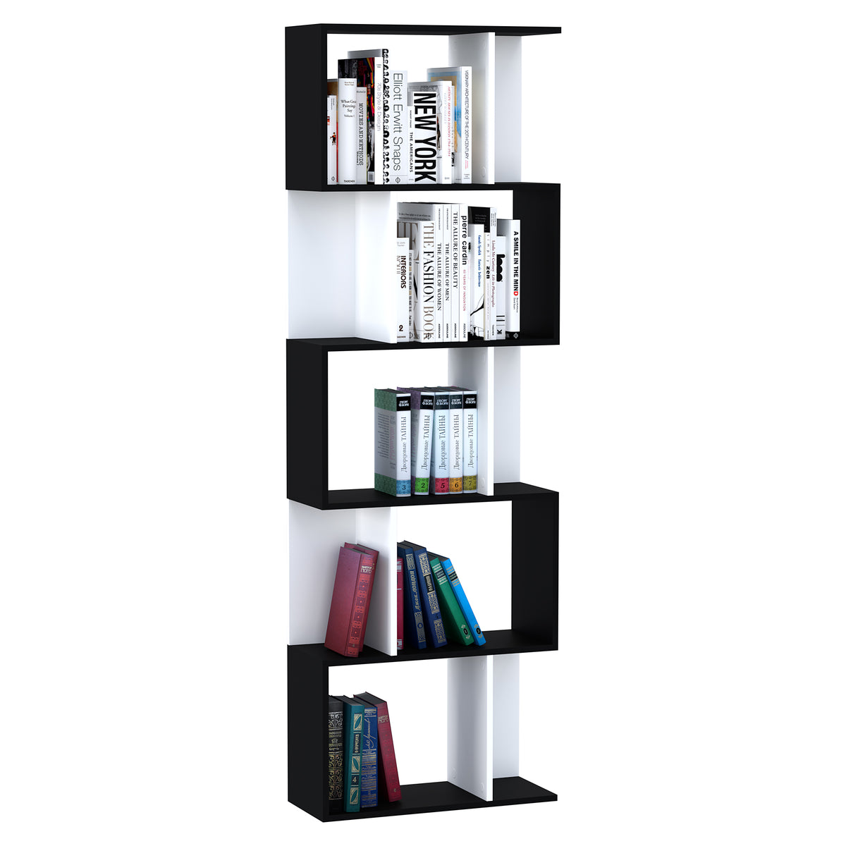 Boekenkast met 5 niveaus, S-vormig opbergmeubel met planken, opbergrek voor woonkamer, slaapkamer en kantoor, 60 x 24 x 184,5 cm, zwart, wit