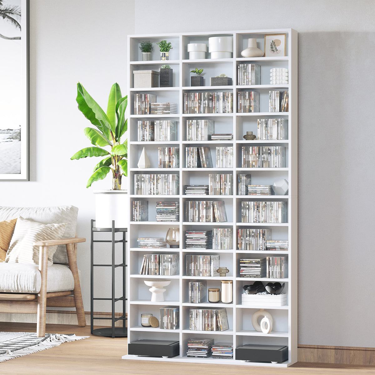 Étagère Rangement CD/DVD Meuble de Rangement pour 1116 CDs 36 Compartiments réglables en Hauteur Blanc