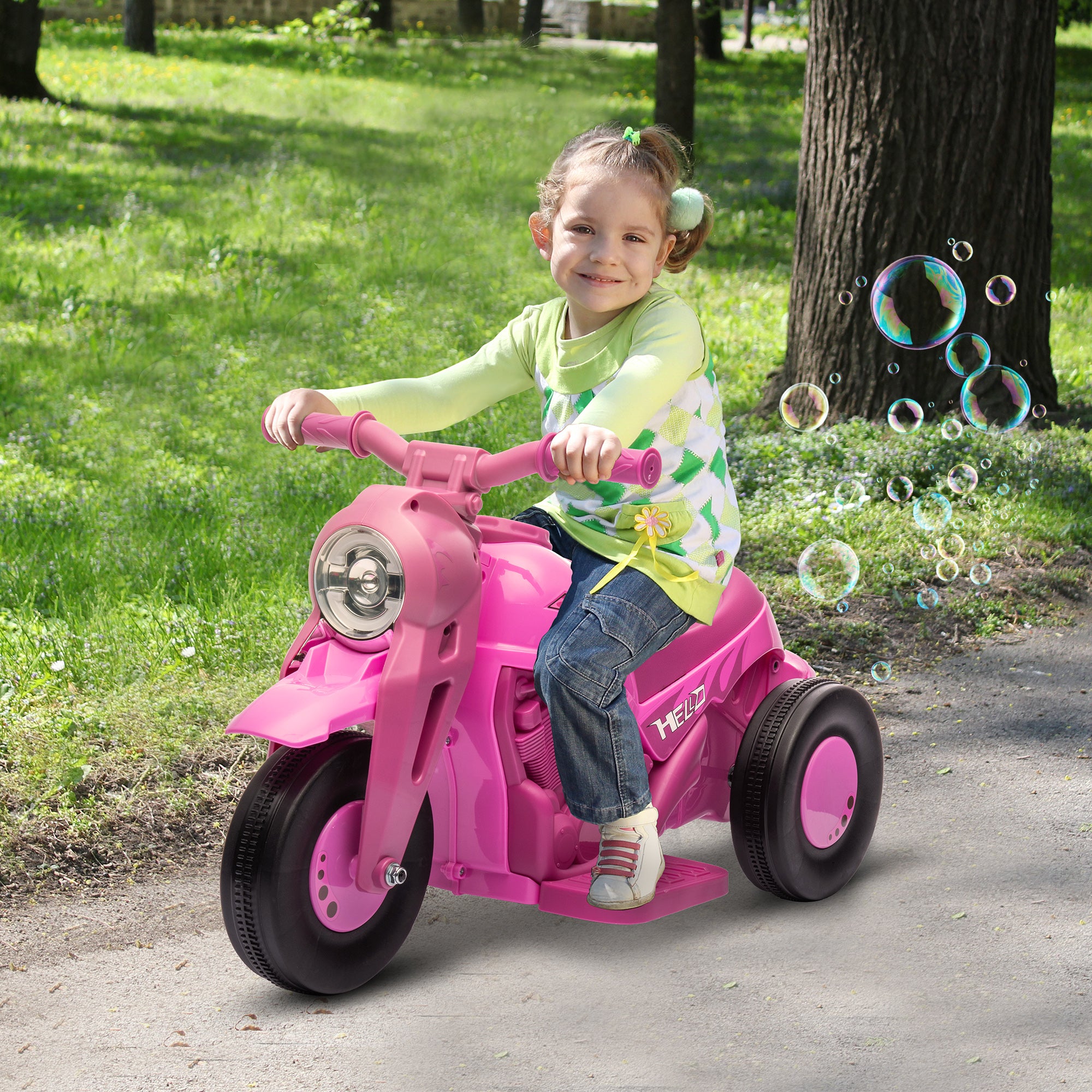 Moto électrique enfants 2-5 ans, 3 roues, 6 V, 3 km/h, avec fonction de bulles, effets lumineux et sonores, rose